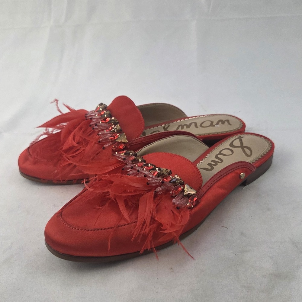 Sam Edelman Mules Womens Size 7.5 M Red Satin Feather Embellished Slip On Shoes